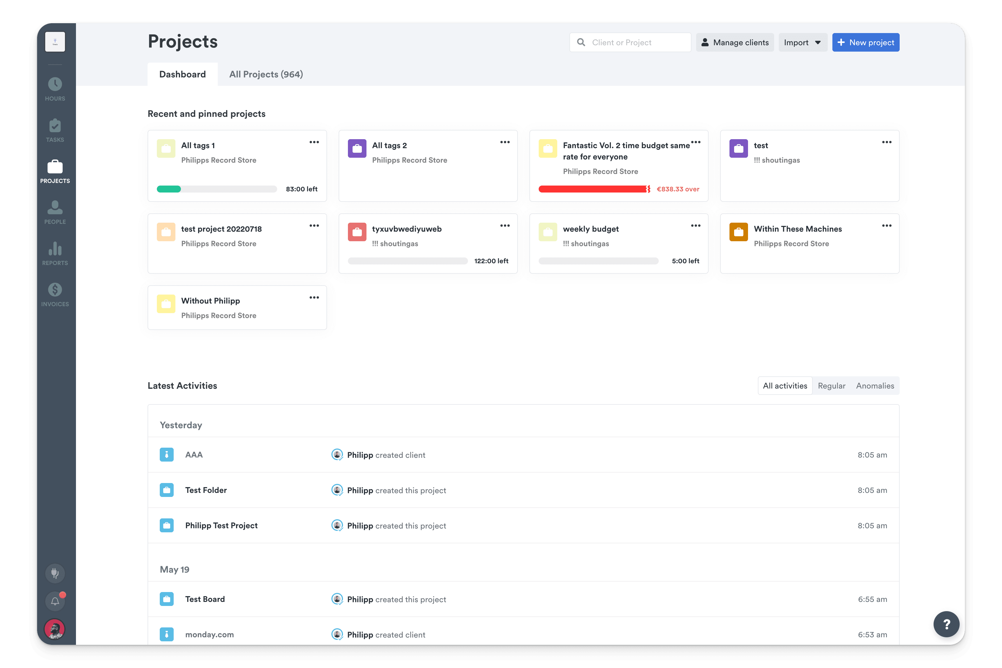 Project management dashboard displaying an array of recent and pinned projects with details such as project names, associated clients, remaining budget or time.