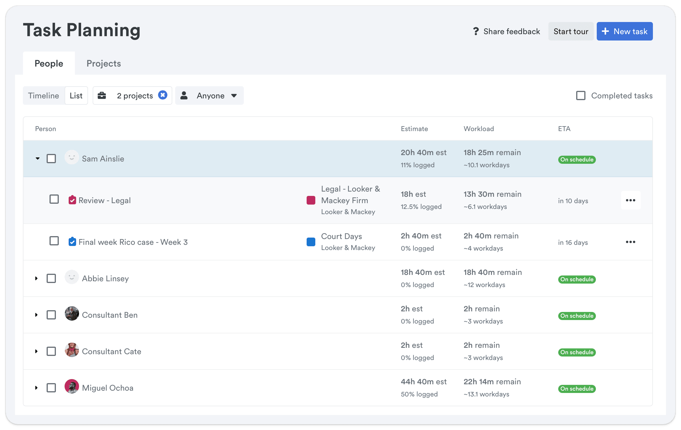 Task planning interface showing assignments and progress for team members, with tasks such as 'Review - Legal' and 'Final week Rico case - Week 3,' including estimated hours, workload remaining, and completion status