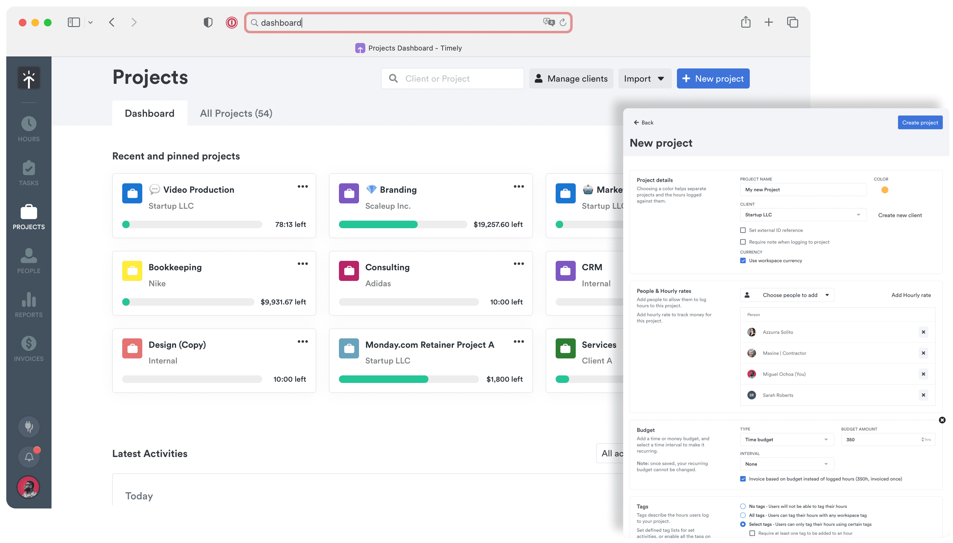 Screenshot of a project management software interface showing a 'Projects' section with a list of recent and pinned projects.