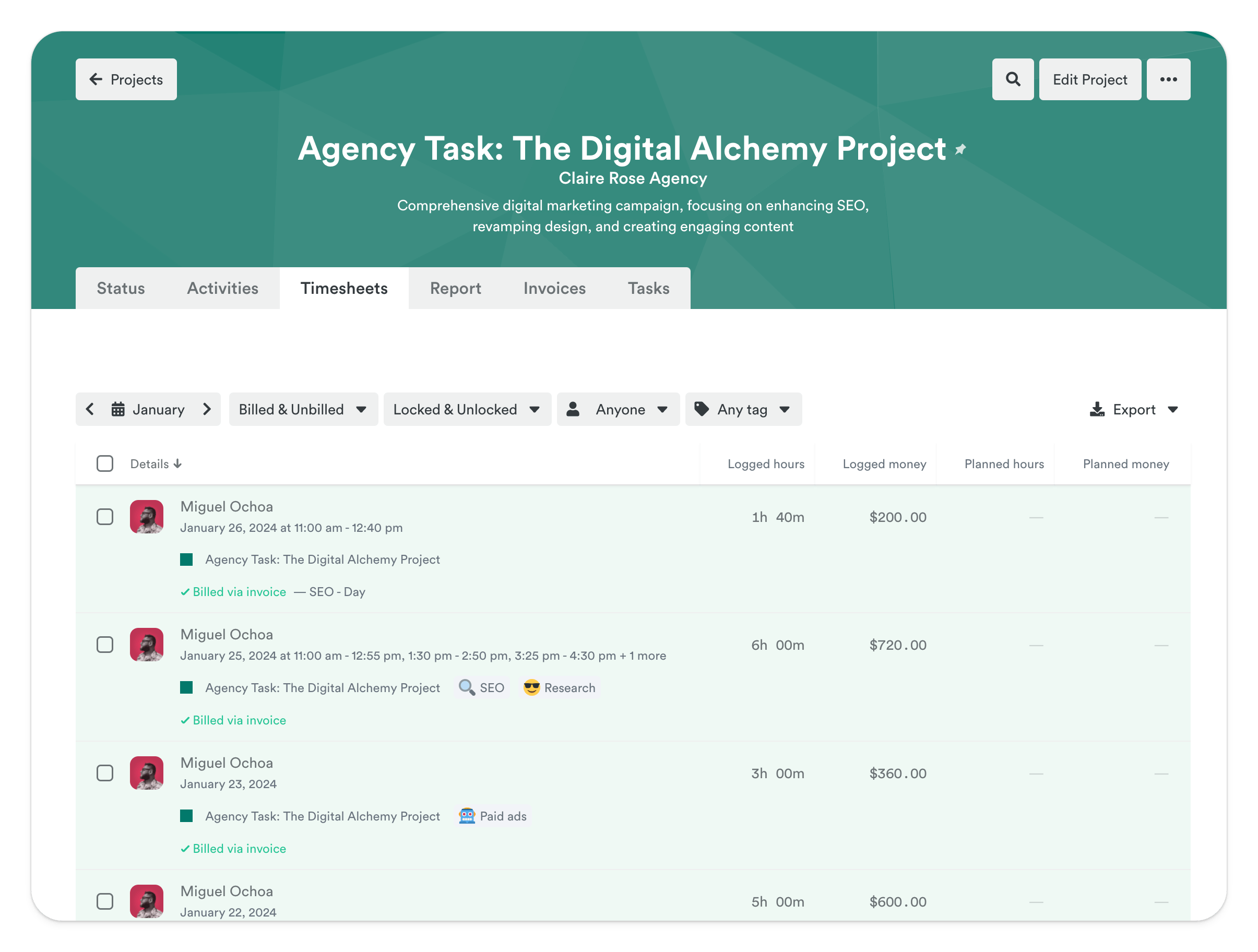 Screenshot of a project management dashboard for the Digital Alchemy Project, showing tasks and invoice creation options.