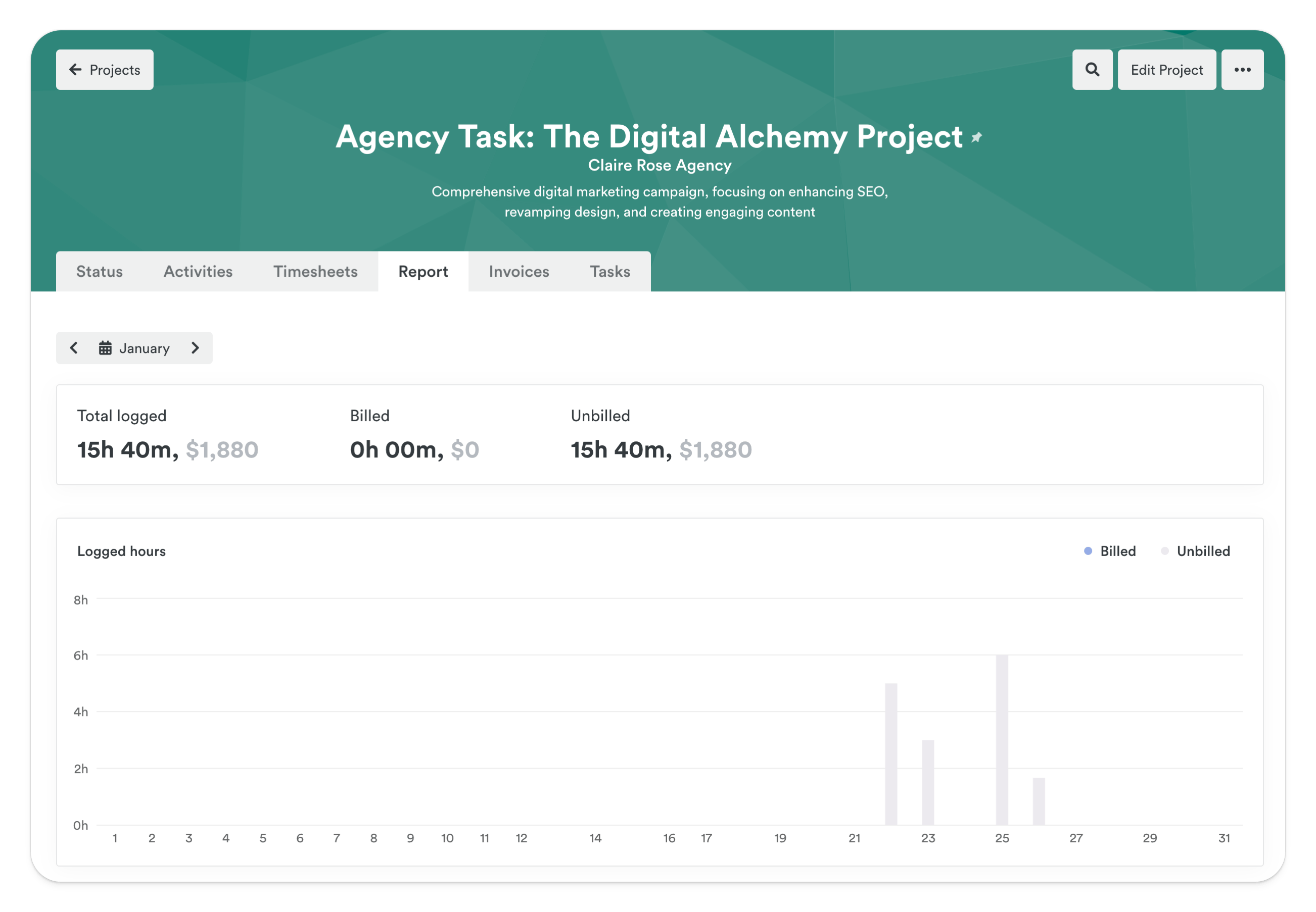 User interface displaying logged hours and financial summary for the Digital Alchemy Project on a project management tool.