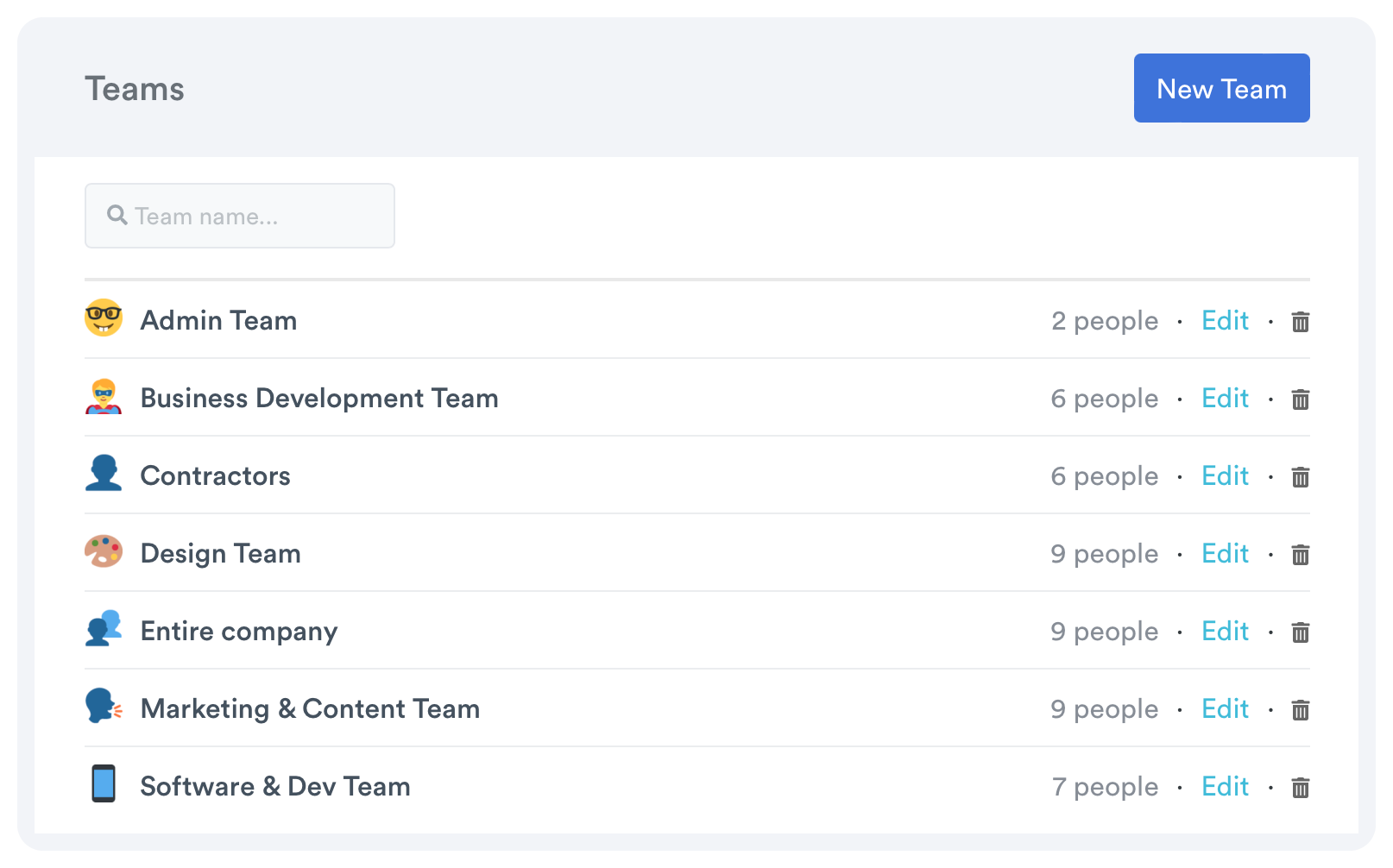 Interface displaying a list of teams within an organization, including the Admin Team, Business Development Team, Contractors, Design Team, and others, with options to edit each team.