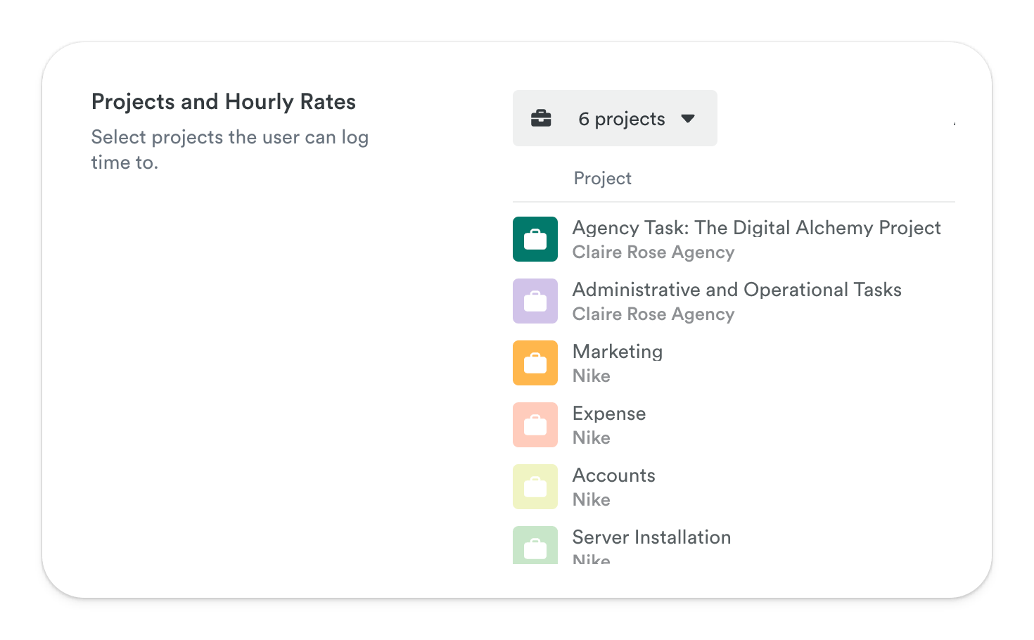 a selection menu for 'Projects and Hourly Rates' with six projects listed including 'Agency Task: The Digital Alchemy Project' and various Nike-related tasks.