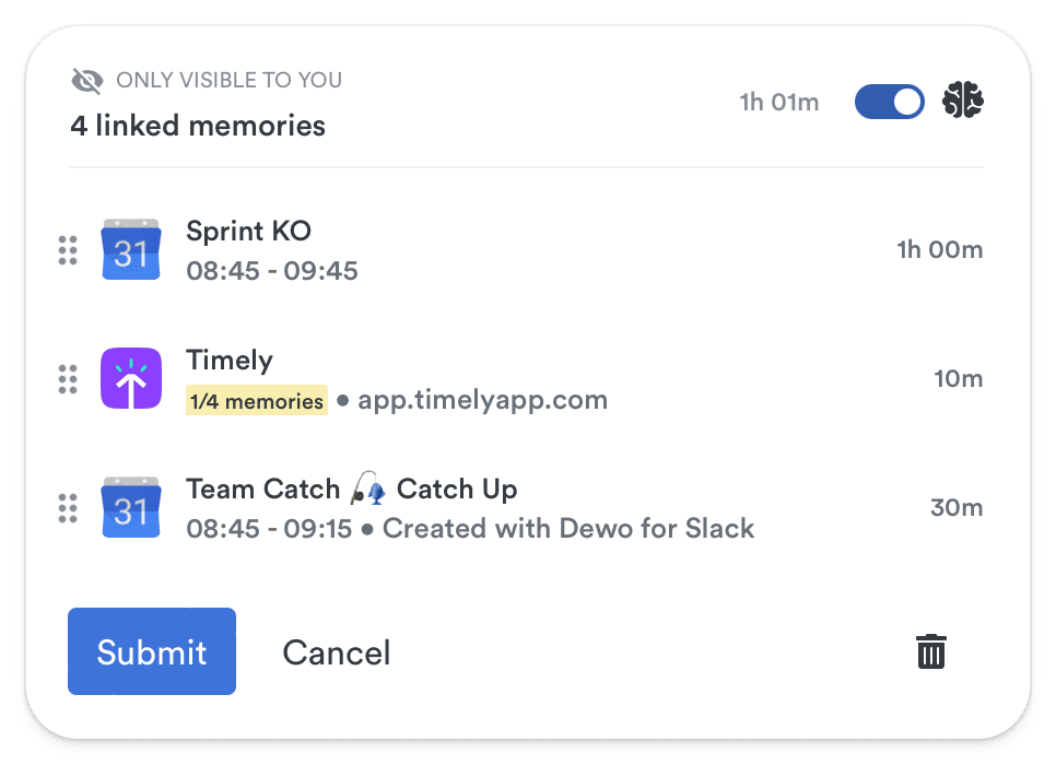 Time tracking entry interface marked as private, showing '4 linked memories' with activities such as a 'Sprint KO' and 'Team Catch Up' meeting, alongside their respective durations.
