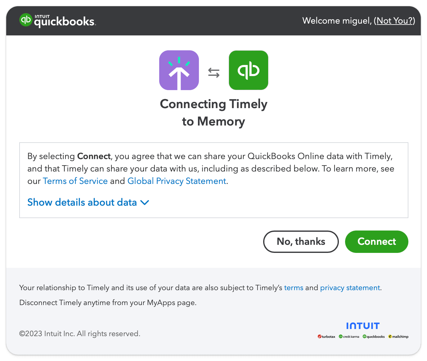 Welcome screen for connecting Timely app to QuickBooks with options to 'Connect' or decline, along with information on data sharing, terms of service, and privacy statements.