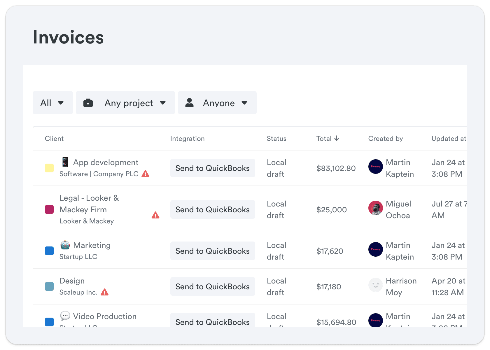 Interface displaying a list of draft invoices with client names, statuses, and totals, ready for integration with QuickBooks, including a prominent invoice for 'App development' 