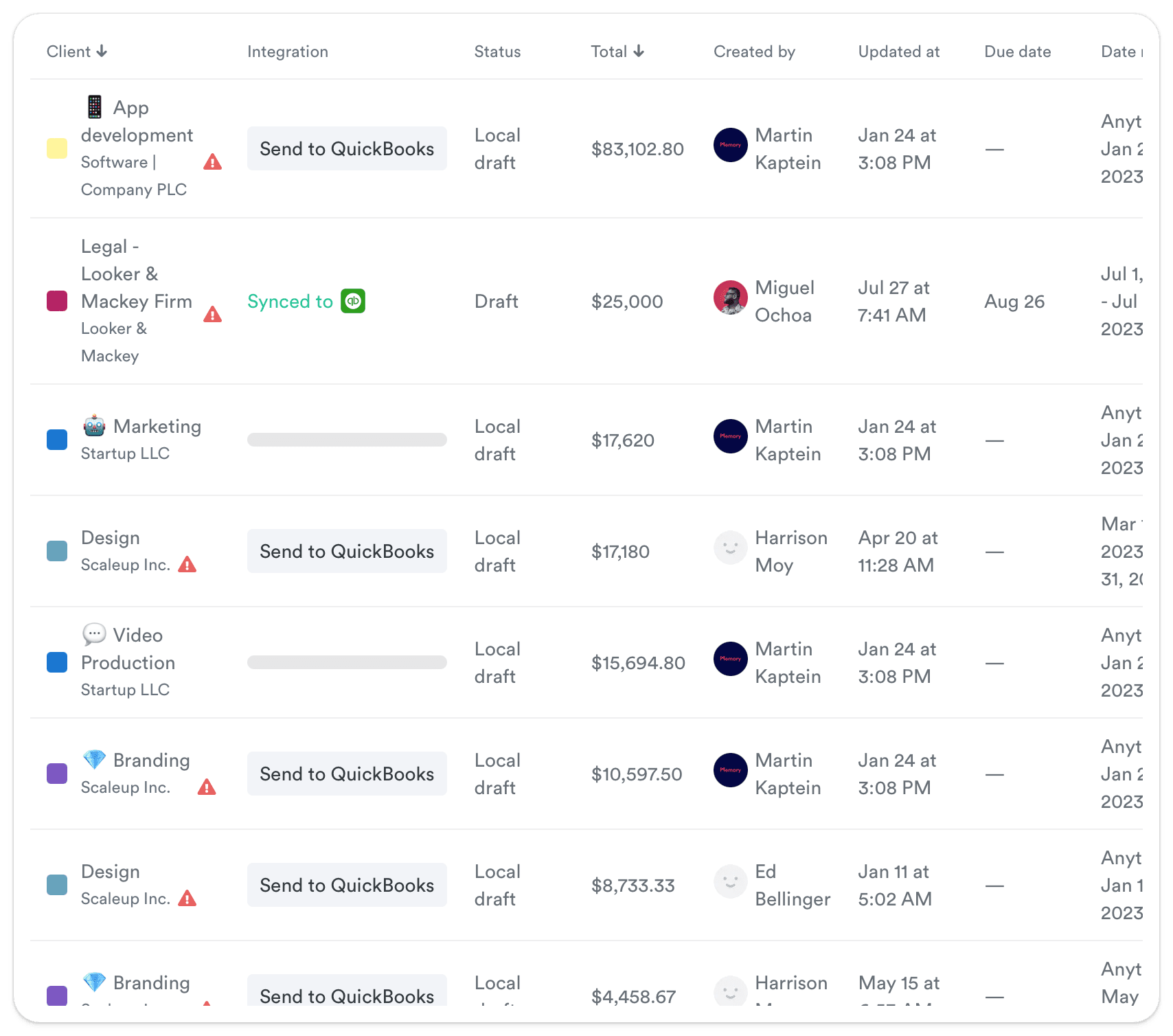Screenshot of an invoice list from a business software showing various clients and projects with statuses indicating if they are drafts or synced to QuickBooks, along with total amounts, creators, and update details.