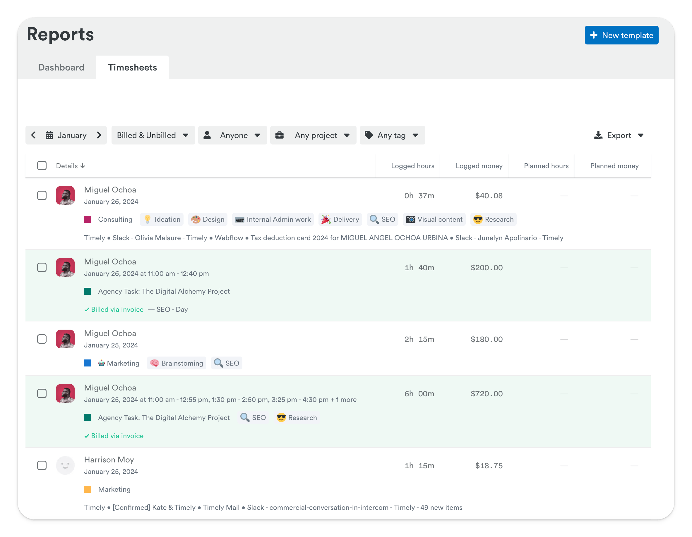 Project billing overview screen with entries for SEO, research, and paid ads services for the Digital Alchemy Project.