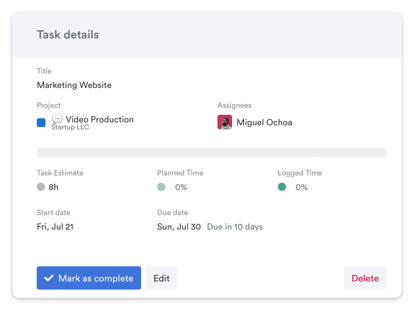 A project management dashboard displaying logged hours per week with filters for missing hours and Time planning.