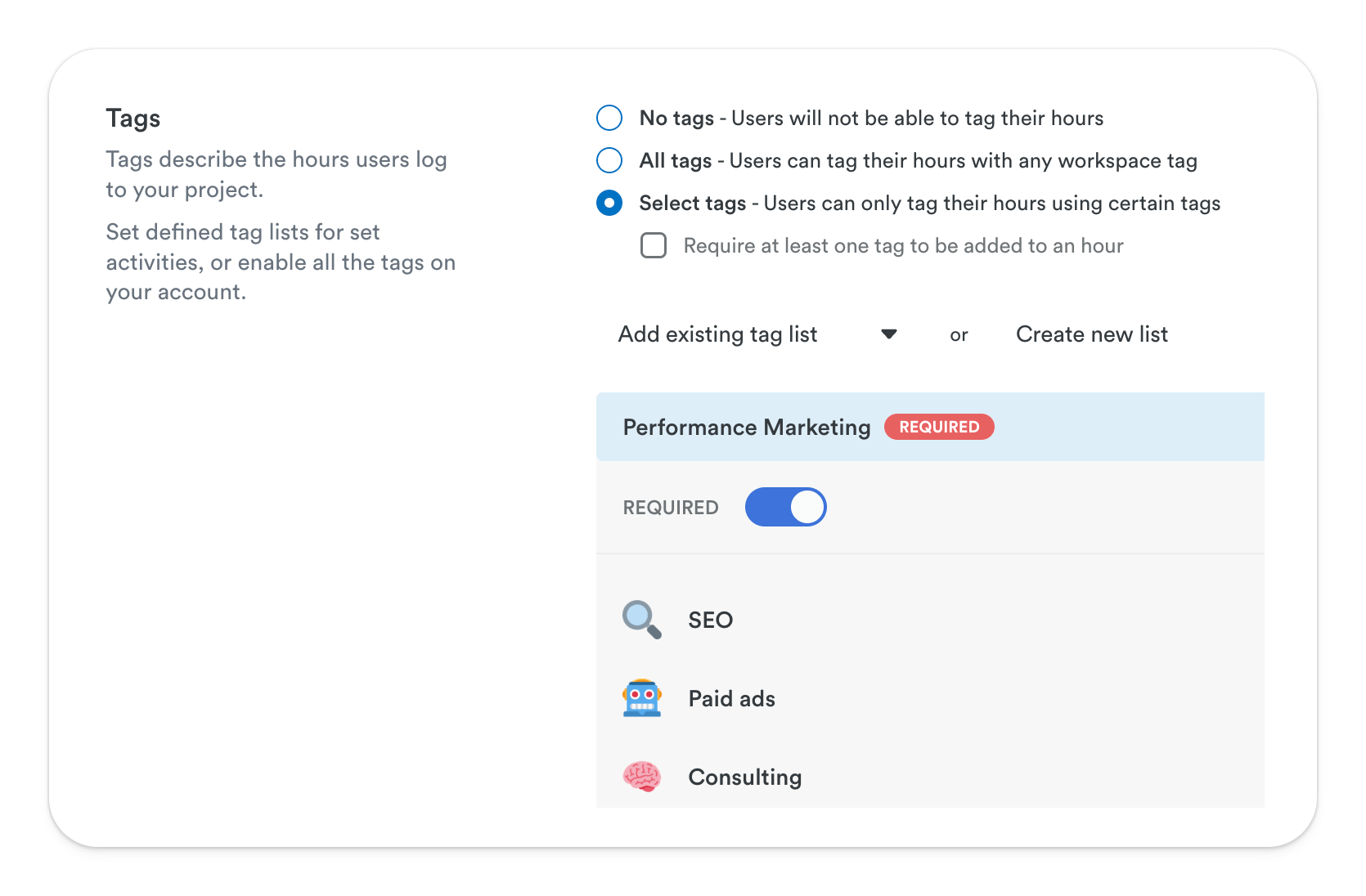 Timely dashboard displaying Tags for several lists.