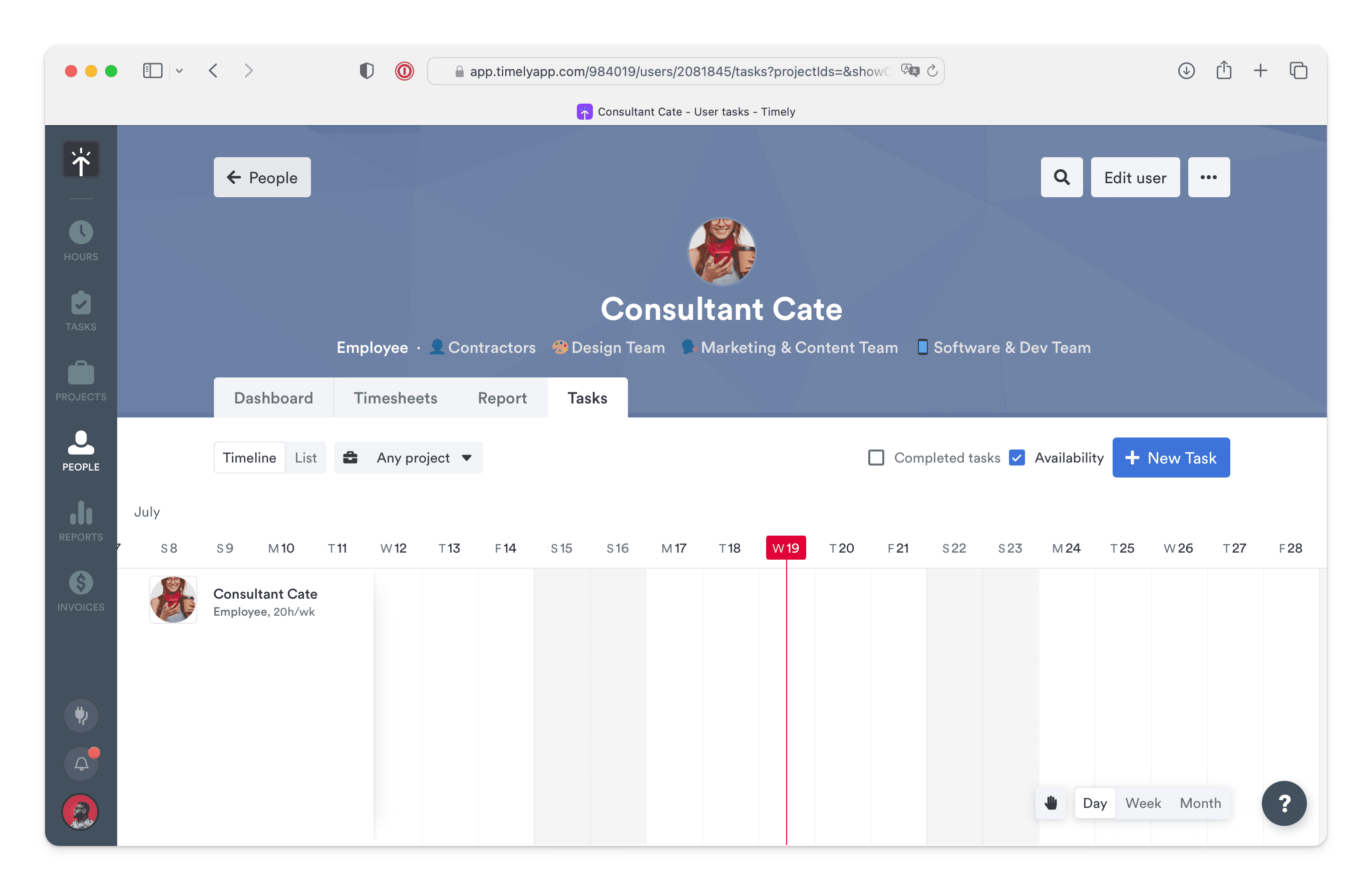 People's dashboard screenshot user tasks page in a project management tool, showing a navigation bar, user profile, and a weekly calendar view with a highlighted current date.