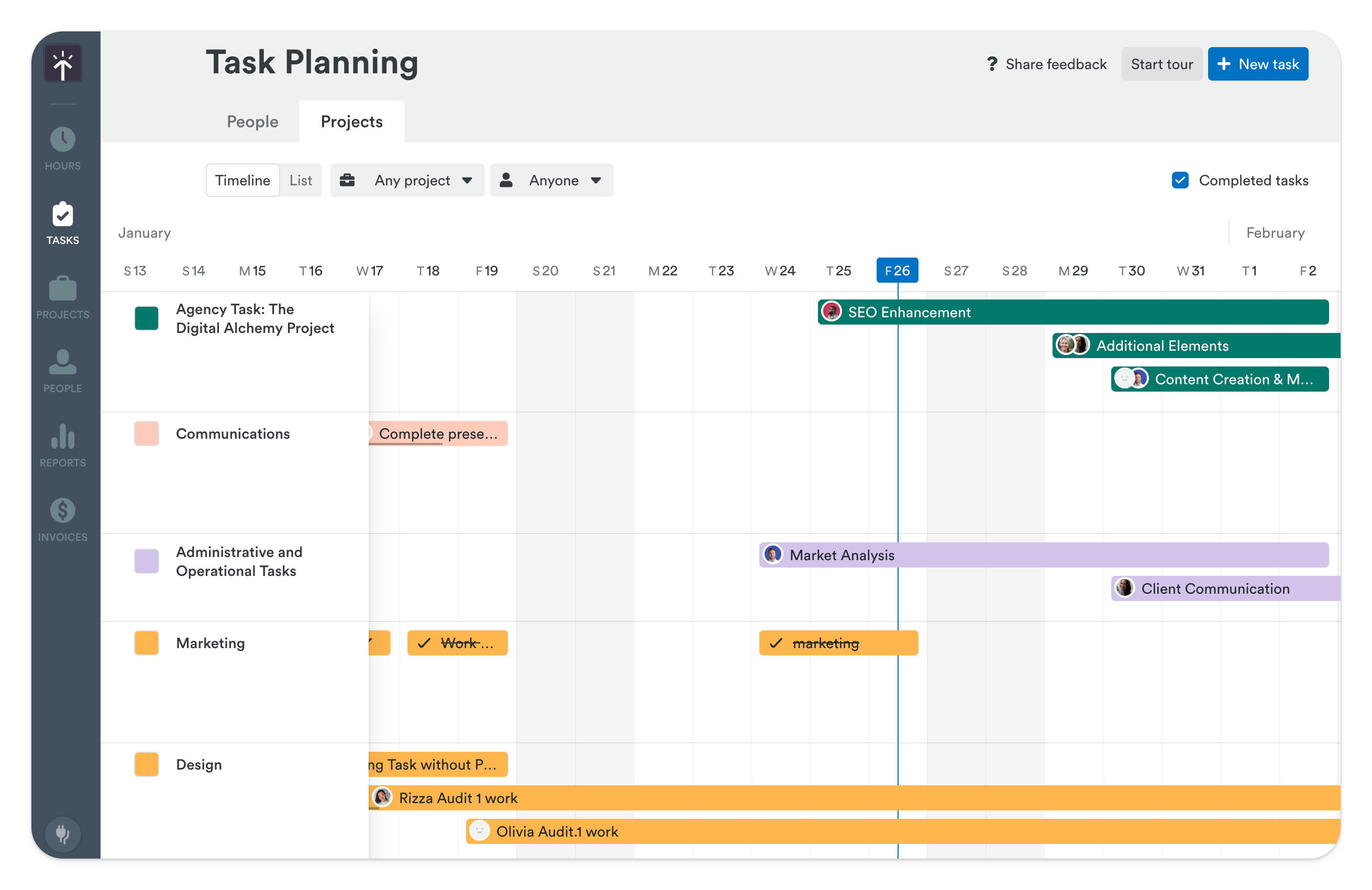 Timely app's Task Planning page displaying a weekly view with various tasks such as SEO Enhancement, Additional Elements, and Client Communication for The Digital Alchemy Project, with statuses like 'Complete' and 'In Progress'.