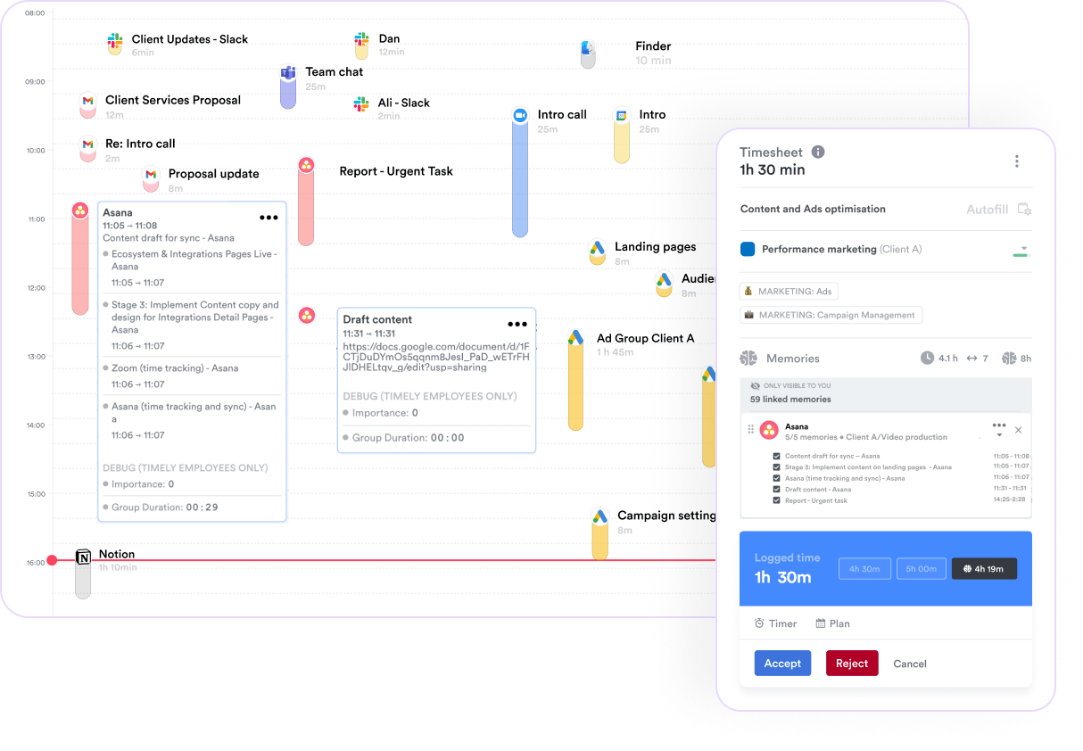 A detailed daily task tracking interface with various activities such as client proposals.